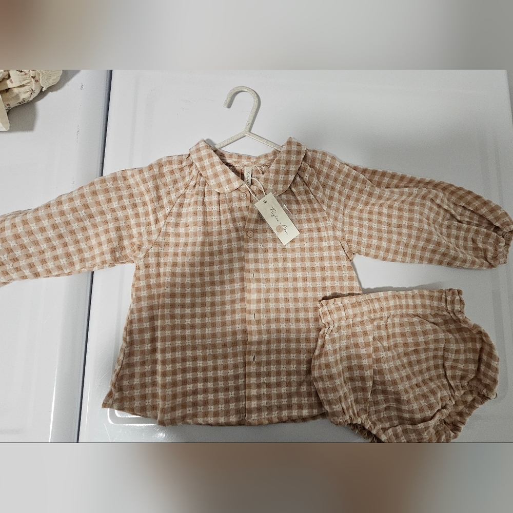 Pink Gingham Long Sleeve Shirt and Pants Set